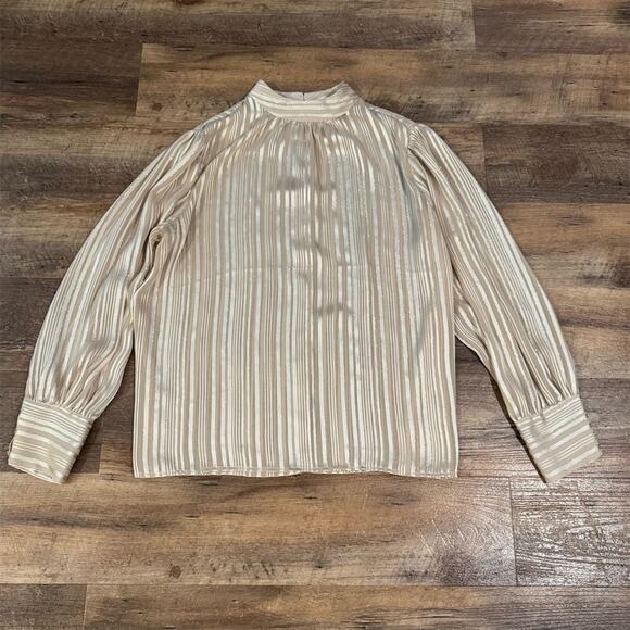 Express Striped Sheer Mock Neck Blouse Champagne Beige Office Holiday L READ - Picture 1 of 11